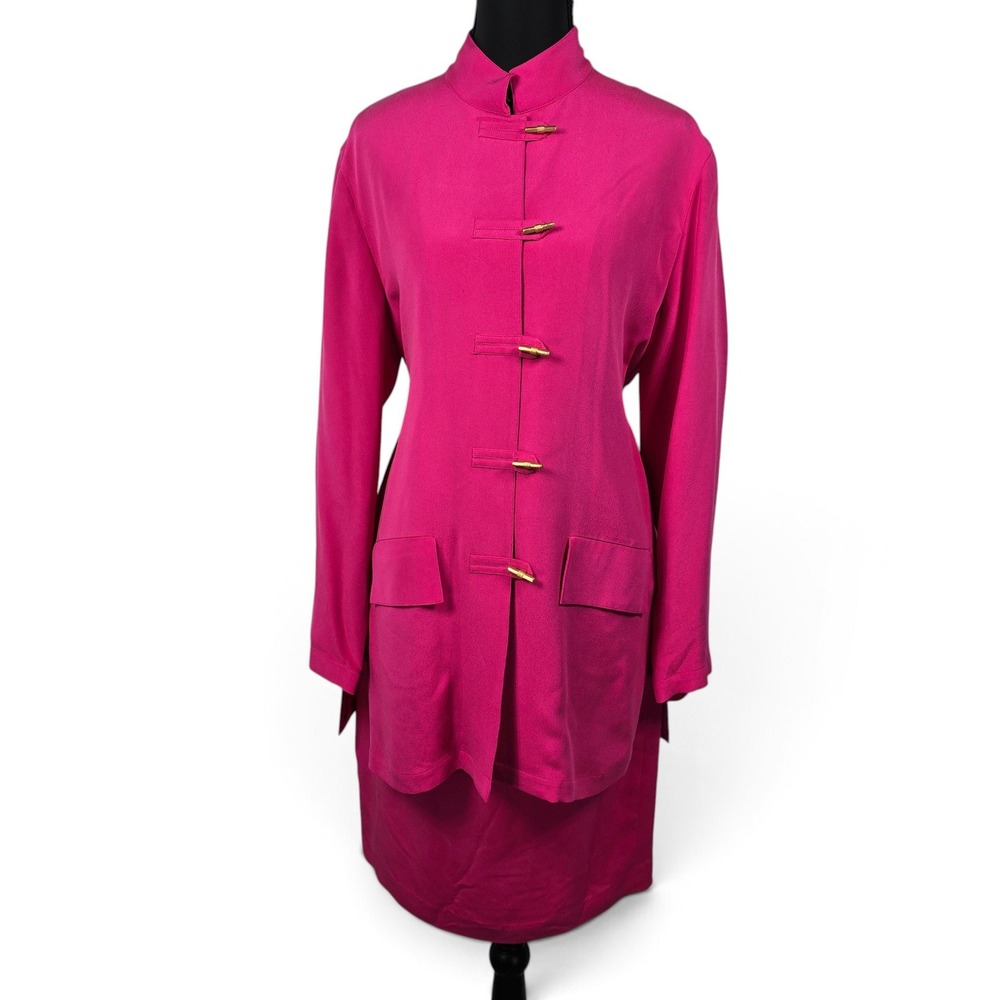 Misho Skirt Suit Womens 8 Pink Silk Mandarin Collar Toggle Closure EUC Vintage